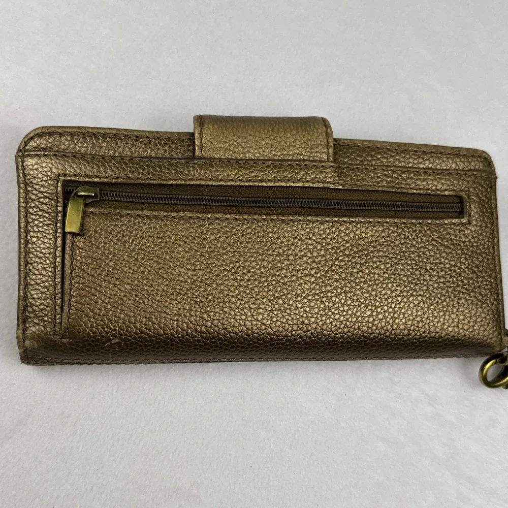 FOSSIL Quinn Slim‎ Wristlet Clutch Bi-Fold Wallet Pebbled Metallic Gold SWL1085